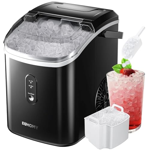 EUHOMY Nugget Ice Maker Countertop with Handle, Ready in 6 Mins, 34lbs/24H, Removable Top Cover, Auto-Cleaning, Portable Sonic Ice Maker with Basket and Scoop, for Home/Party/RV/Camping. (Black) - 9.45*11.61*12.99inch - Black - 1
