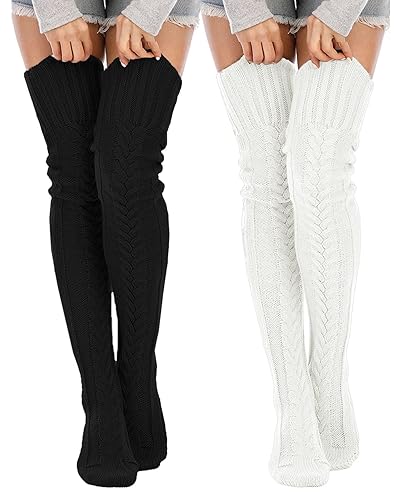 Leoparts Women's Cable Knitted Thigh High Boot Socks Extra Long Winter Stockings Over Knee Leg Warmers - 2 Pack A: Black+white - One Size