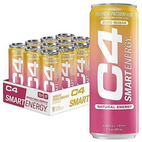 C4 Smart Energy Drink - Sugar Free Performance Fuel & Nootropic Brain Booster, Coffee Substitute or Alternative | Tropical Passionfruit 12 Oz - 12 Pack - Tropical Passion-fruit - 12 Fl Oz (Pack of 12)