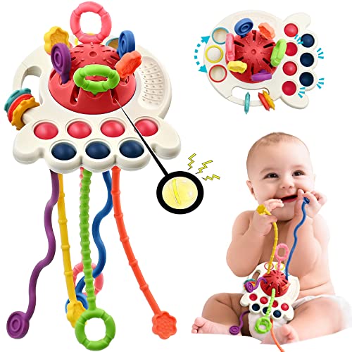 AiTuiTui Sensory Montessori Baby Toys 6 to 12 Months, Toddler Travel Toys for 1 2 Year Old Boy Girl Birthday Gifts, Soft Pull String Fidget Educational Learning Bath Toys for 9 10 18 Months Infant - Red Octopus