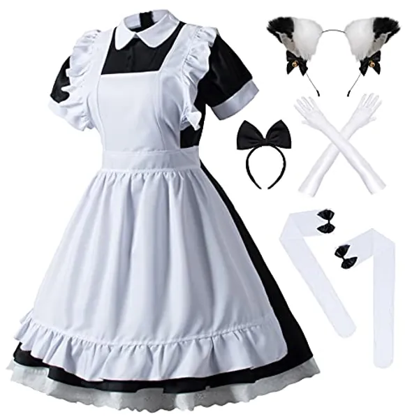 Wannsee Japanese Anime 6Pcs Lolita French Maid Apron Fancy Dress Cosplay Costume Gloves Headwear Socks set(Black 3XL) - 3X-Large - 6pcs-black