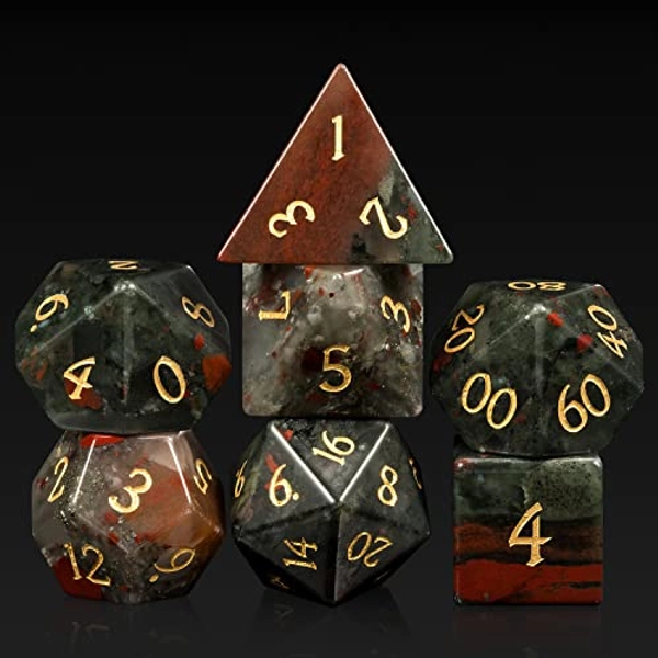 Bloodstone DND Dice Set DNDND 7 PCS Natural Stone D&D Dice with Grogeous Gift Case for Dungeons and Dragon Tabletop Game (Bloodstone) - Bloodstone