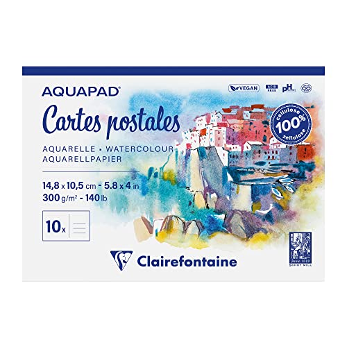 Clairefontaine 975954C - Bloc Encollé Cartes Postales Aquapad - 20 Feuilles Papier Aquarelle Blanc Grain Moyen Fin A6 14,8x10,8 cm 300g - Idéal pour les Artistes Globe-trotteurs - A6 - 14,8x10,8