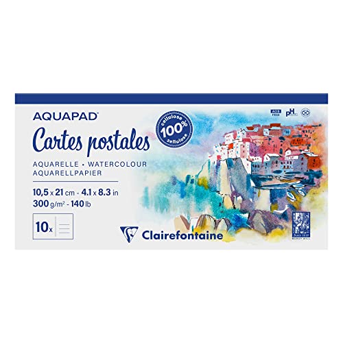 Clairefontaine 975955C - Bloc Encollé Cartes Postales Aquapad - 20 Feuilles Papier Aquarelle Blanc Grain Moyen Fin 10,5x21 cm 300g - Idéal pour les Artistes Globe-trotteurs - 10,5x21 cm