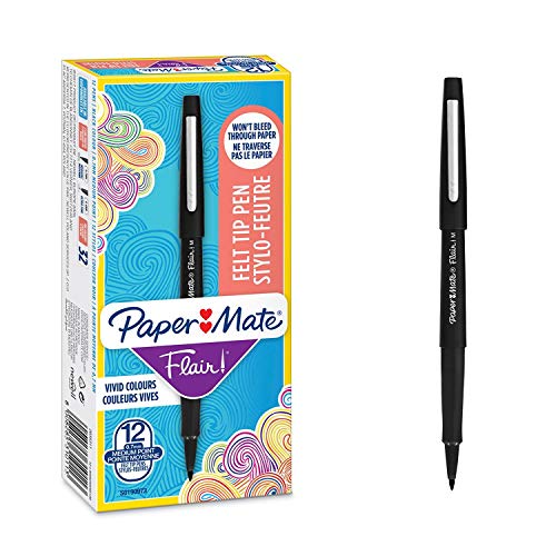 Paper Mate Flair Feutres de Coloriage, pointe moyenne (0,7 mm), encre noire, Boîte de 12 - 12 unité (Lot de 1) - Pointe Moyenne (0,7 mm)