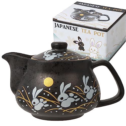 HAKONE YOSEGI 10oz bunny kyusu Rabbit Kutani Yaki(ware) Japanese Teapot with Removable Infuser, Handle Mug Stovetop Safe Tea Kettle, Blooming and Loose Leaf Tea Maker Set(Ceramic, Rabbit Black) - Black - Ceramic