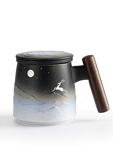 TANG PIN Moon Deer Ceramic Tea Mug with Infuser and Lid Coffee Mug with Strainer and Wooden Handle 14.5 OZ (Black&White) - Black&White