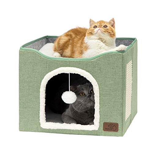 Bedsure Cat Beds for Indoor Cats - Large Cat Cave for Pet Cat House with Fluffy Ball Hanging and Scratch Pad, Foldable Cat Hideaway,16.5x16.5x14 inches, Green - Single - Green