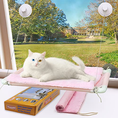 ZALALOVA Cat Window Perch, Pink Cat Hammock Window Seat Free Fleece Blanket for Female Cat 2023 Latest Screw Suction Cups Extra Large Sturdy Cat Bed Cat Resting Indoors (One Extra Suction Cup) - Pink