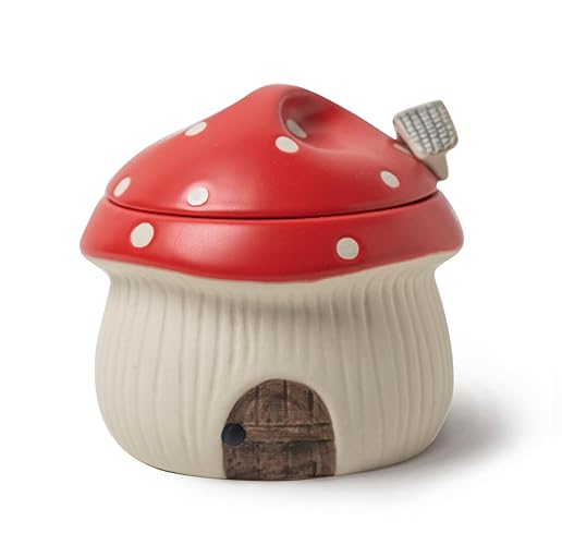 RESVUGA Ceramic Sugar Bowl with Lid & Spoon, Cute mushroom house design. Porcelain Seasoning Storage Jar, 14 Ounces. (Red) - Red
