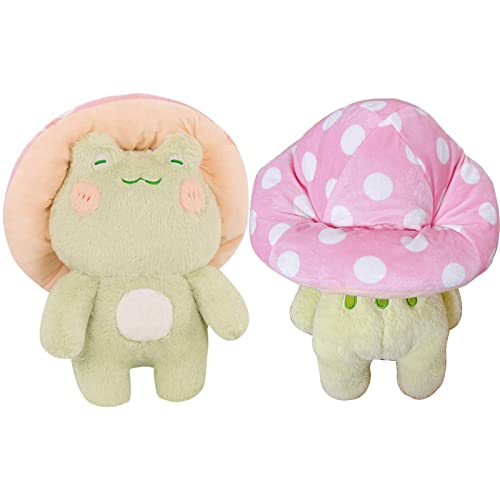 XSHYE Frog Plush Cute Frog Mushroom Hat Stuffed Animals Kawaii Plush Toys Throw Pillow Home Room Decor Aesthetic Gift(Light Green Frog Pink Hat) - Light Green Frog With Pink Mushroom Hat - 17 inch