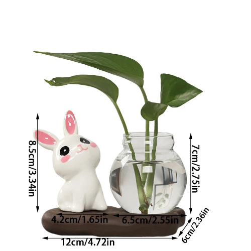 Bunny Rabbit Cute Kawaii Transparent Glass Ceramic Mini Propagation Vase - A