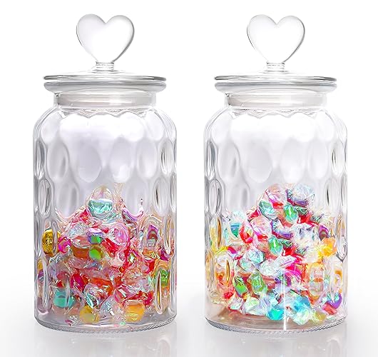 HomeyHoney 45 oz Clear Glass Heart Shaped Jars, Cute Candy Jars with Heart shaped Airtight Lids, Decorative Glass Canisters with Airtight Lids for Candy Cookie, Drops / 2 Packs - 45oz Drops Set of 2
