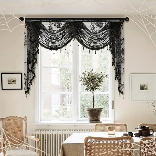 Black Lace Valance Flower Pattern Curtain