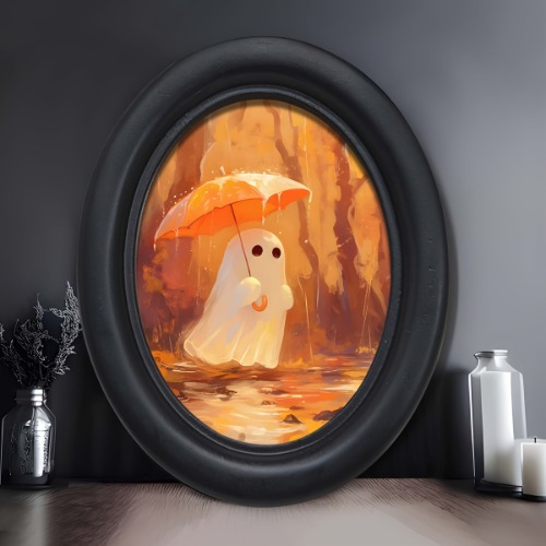 Umbrella Carrying Ghost Wooden Oval Wall Art