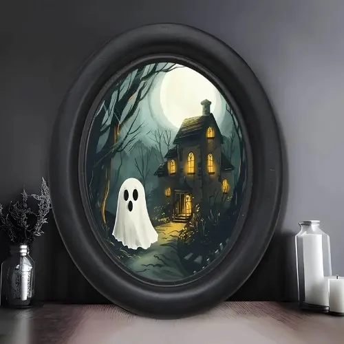 Ghost Haunted House Wooden Oval Wall Art
