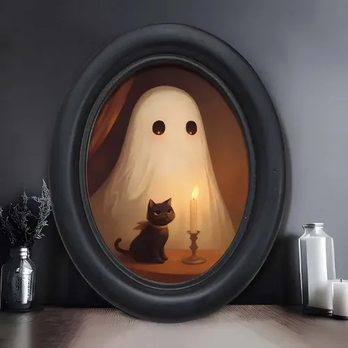 Ghost and Cat Friends Wooden Oval Wall Art