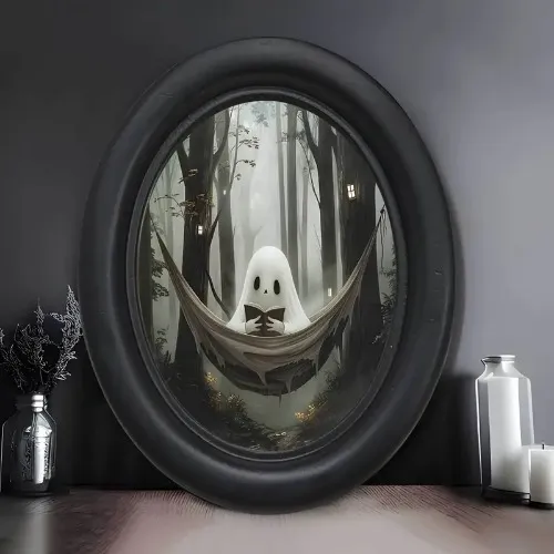 Cosy Reading Ghost Oval Wooden Wall Art