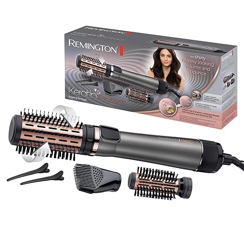 Remington Warmluftbürste rotierend [automatisch] Keratin Protect (inkl.3 Aufsätze: 2 Rundbürsten+Haaransatz-Booster für mehr Volumen) + Haarklammern, Keramikbeschichtung mit Mandelöl, AS8811,Grau - Warmluftbürste rotierend
