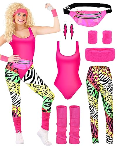 BIQIQI 80er Jahre Outfit Damen Set Retro Trainingsanzug Kostüm 80s 90s Kleidung Kostüm Accessoires Clothes Trikot, Leggings, Stirnband, Armbänder, Beinwärmer, Ohrringe, Gürteltasche - Rot - M