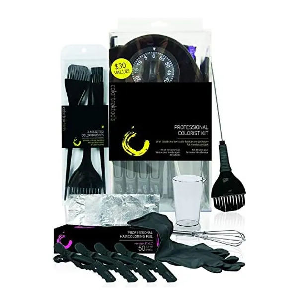 
                            Colortrak Professional Hair Colorist Kit, 4-Pack Croc Clips, Color Beaker, Whisk, Duo Brush, 3-Pack of Brushes, Black Reusable Medium Gloves, Color Bowl, 50-Count Popup Hair Coloring Foil, Storage Box
                        