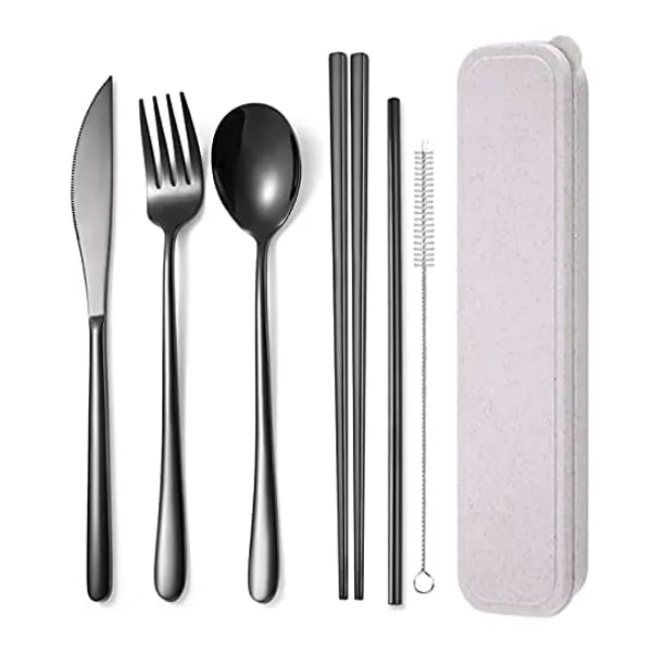 
                            AARAINBOW 6 Pieces Stainless Steel Flatware Set Portable Reusable Cutlery Set Travel Utensils Set Including Chopsticks Knife Fork Spoon Straws Cleaning Brush Dishwasher Safe (Black)
                        