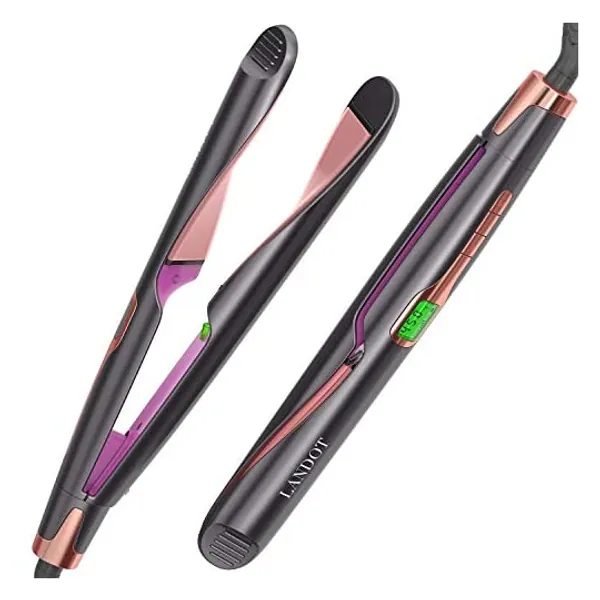 
                            LANDOT Hair Straightener and Curler 2 in 1, Twist Straightening Curling Iron, Professional Negative Ion Flat Iron with Adjustable Temp for All Hair Types, Instant Heating, Dual Voltage
                        