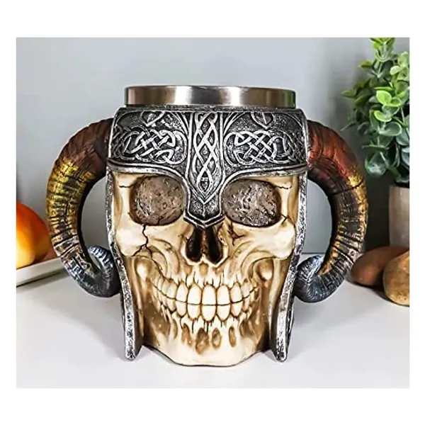 
                            Ebros Gift Viking Ram Horned Pit Lord Warrior Skull With Battle Helmet Beer Stein Tankard Coffee Cup Mug 13oz Norse Mythology Folklore Odin Thor Loki Ragnarok Poetic Edda Decor
                        