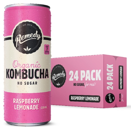 Remedy Kombucha - Organic Sparkling Live Cultured Drink - No Sugar Raspberry Lemonade - 24x250ml Can Case