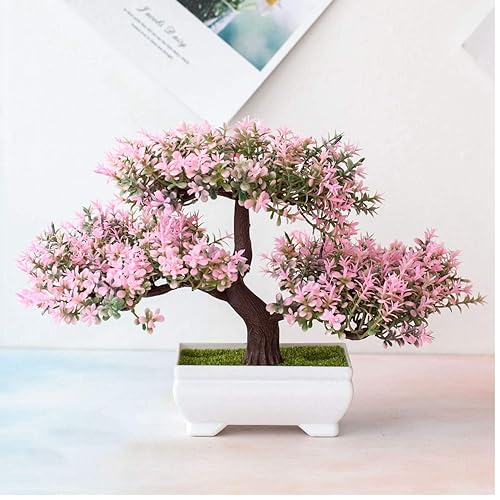 Artificial Bonsai Cedar,Simulation Pine Tree Potted Plant, Artificial Flowers Fake Pink Potted Plants Ornaments,Creative Simulation Bonsai Pot Home Decor - Pink