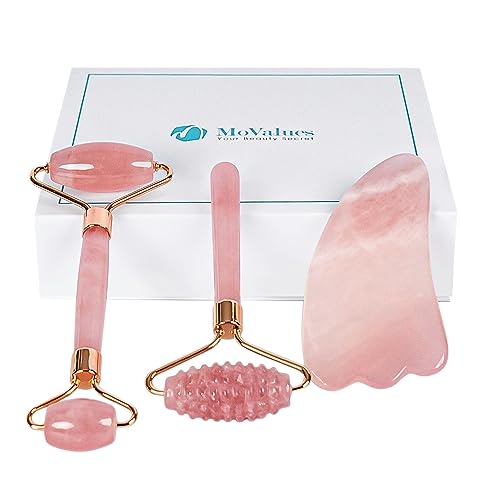 Pink Jade Roller and Gua Sha Set. Rose Quartz Roller with Eye Massager, Rose Quartz Gua Sha, Ridged Face Massage Tool, Real Rose Quartz Crystals 100% Pink Jade Stone Roller, Warm / Ice Roller Face