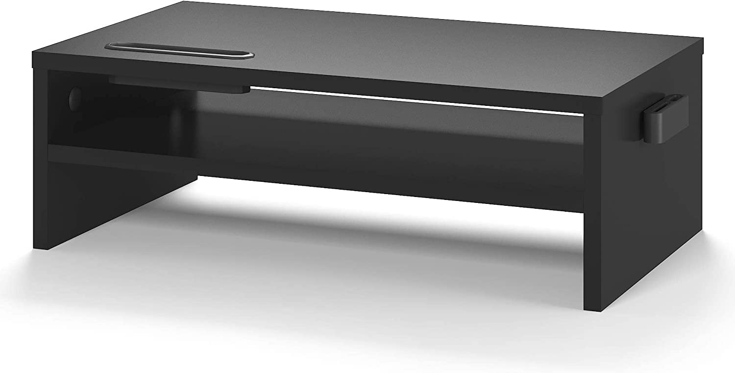BONTEC Wood Monitor Stand Riser, Desk Monitor Stand with Smartphone Holder, Ergonomic Laptop Stand with Cable Management for Computer, Notebook, iMac, PC, 2 Tiers Black (W420 x D235 x H142mm)