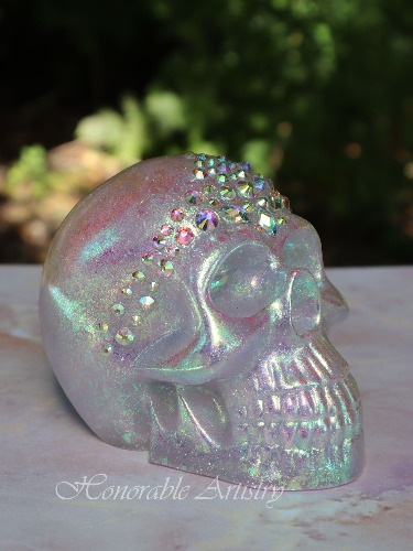 Opalescent-Pearlescent Rhinestone Resin Skull