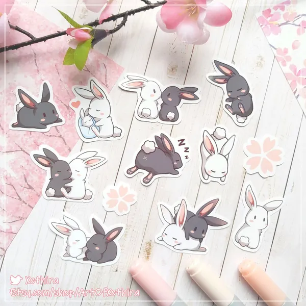 Sakura Bunnies Sticker Pack | Cherry Blossom Bunny Rabbit Love Couple | Cute Kawaii Stationery Journal Bujo Planner Die-cut Gift Present