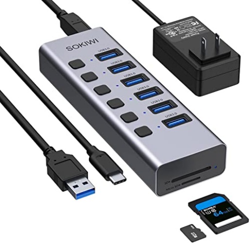 Powered USB Hub, 8-Port USB Hub 3.0 with SD/TF Card Readers, USB 3.0 Port Hub with Individual On/Off Switches and 5V/4A Power Adapter, USB C Hub Splitter for Laptop - 8 IN 1