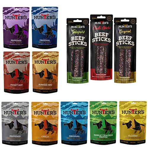 Hunters Beef Snack 12 Pack Combo – 28g Beef Biltong, 28g Beef Jerky, 40g Beef Sticks Droewors, High Protein, Low carb, Thin Sticks of Authentic Beef Droewors, Convenient Snack