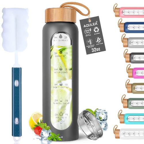 AQULEA 32 Oz Borosilicate Glass Water Bottles with Times to Drink - Wide Mouth BPA Free Glass Motivational Water Bottle with Silicone Sleeve, Bamboo Lid, Fruit Infuser, and Bonus Brush (Dark Grey) - Dark Grey