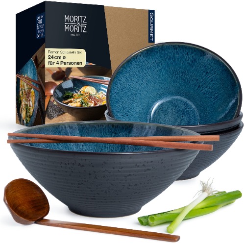 Moritz & Moritz 4 x Ramen kom keramiek - 24 cm Ø - blauwe ramen bowl set voor 4 personen - voor soep, Pho Bowl en sushi kom - incl. eetstokjes en lepels