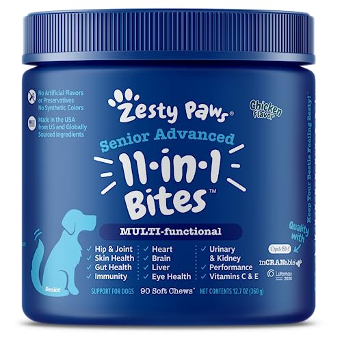 Senior Advanced Multifunctional Supplement for Dogs – Glucosamine & Chondroitin for Hip & Joint Support - Psyllium & Enzymes for Gut & Immune Health – Fish Oil, Antioxidants for Skin, Heart & Brain - Chicken - Advanced - 90 Count (Pack of 1)