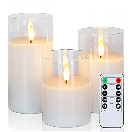 Amagic Clear Glass Flameless Candles Battery Operated with Timer, Remote Control, LED Pillar Candles Battery Powered, Pure White Wax, D3 H4 5" 6", Set of 3 - Pure White
