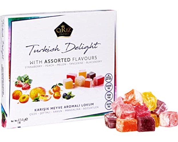 Cerez Pazari Turkish Delight Candy with Assorted Mix Flavours 16 oz Gourmet Medium Size Snacks Gift Box | No Nuts Sweet Luxury Traditional Confectionery Vegan Lokum Loukoumi Approx.42 Pcs - 1 Pound (Pack of 1)