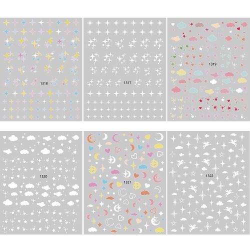 White Clouds Nail Art Stickers Decals Sparkles 3D Self-Adhesive Nail Supplies 6 Sheets Colorful Clouds Stars Moon Heart DesignNail Decoration Acrylic Nails DIY Accessories Women Manicure Tips