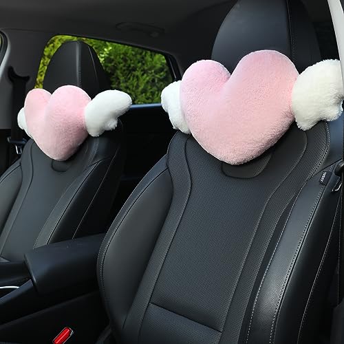 2 Pack Heart Shaped Cute Car Headrest Pillow with Angel Wings - Comfortable Soft Head Rest Cushion Kawaii Car Accessories Neck Pillow for Driving Travelling Office Home Decor - Pink Love Heart - Pink - Love Heart