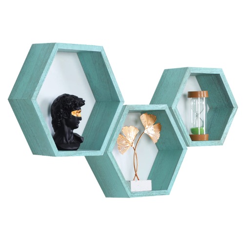 Hexagon Floating Shelves,Hexagon Shelf,Wall Mounted Honeycomb Shelves,Wood Octagon Shelves Set of 3,Farmhouse Hexagonal Decor for Living Room Bedroom Kitchen Office Hanging Storage(Ocean Blue)