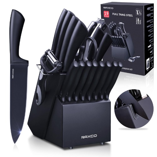 Knife Set Black,RAXCO Knives Set for Kitchen Full Tang Steel Steak Knife Set(8)+Chef's Knives(6),Kitchen Shears(19-in-1)… - Black-19