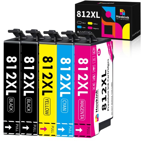 Hookink 812XL 812 Ink Cartridges 5-Pack New Upgraded Chip Compatible for Epson Workforce Pro WF-3820 WF-3825 WF-4830 WF-4835 Printer (5-Pack, 2B/C/M/Y) - 812XL-2BCMY-5P