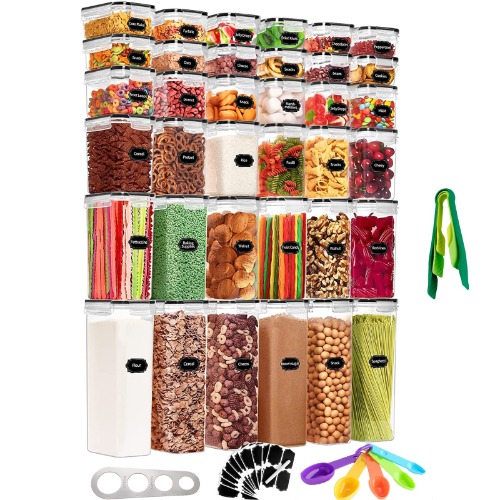 36 Pcs Airtight Food Storage Containers, Pantry Storage Containers, Plastic Food Containers with Lids, Labels, Marker, Spoons for Pantry Organization and Storage, Cereal, Flour And Sugar