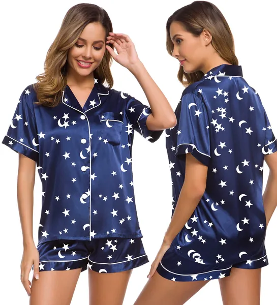 SWOMOG Womens Silk Satin Pajamas Set Two-piece Pj Sets Sleepwear Loungewear Button-Down Pj Sets - Moon and Star Navy Blue X-Small