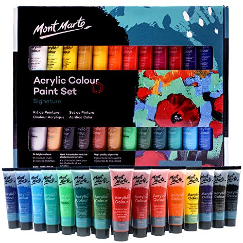 Mont Marte Acrylic Paint Set 24 Colours 36ml, Perfect for Canvas, Wood, Fabric, Leather, Cardboard, Paper, MDF and Crafts - 24 Count (Pack of 1) - 24 Color