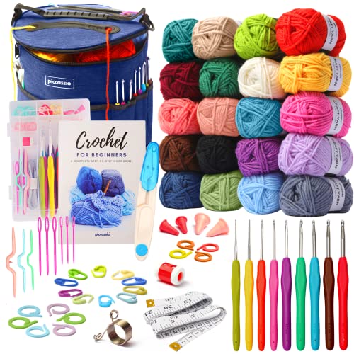 Piccassio Crochet Kit for Beginners Adults and Kids - Make Amigurumi and Crocheting Kit Projects - Beginner Crochet Kit Includes 20 Colors Crochet Yarn, Crochet Hooks, Book, and a Durable Crochet Bag - All-in-One Kit